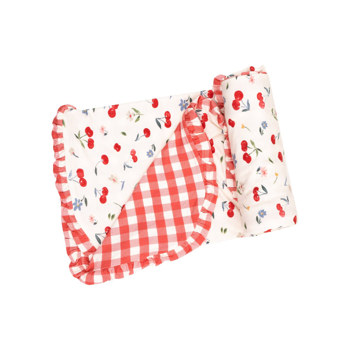 WATERCOLOR CHERRIES & GINGHAM RUFFLE RECEIVING BLANKET