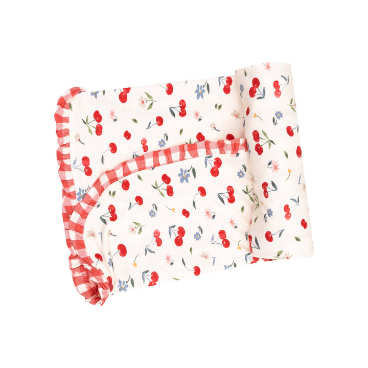 WATERCOLOR CHERRIES & GINGHAM RUFFLE RECEIVING BLANKET