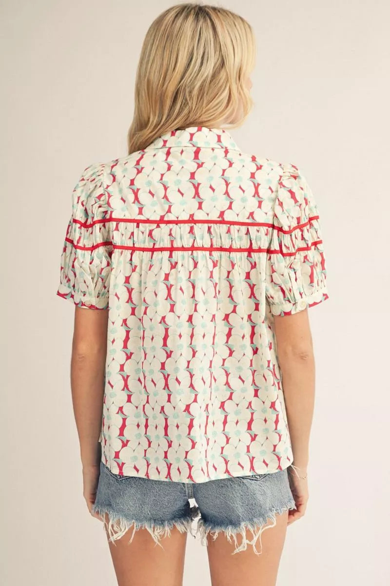 HAZEL SMOCKED FRONT SHORT SLEEVE BUTTON FRONT TOP