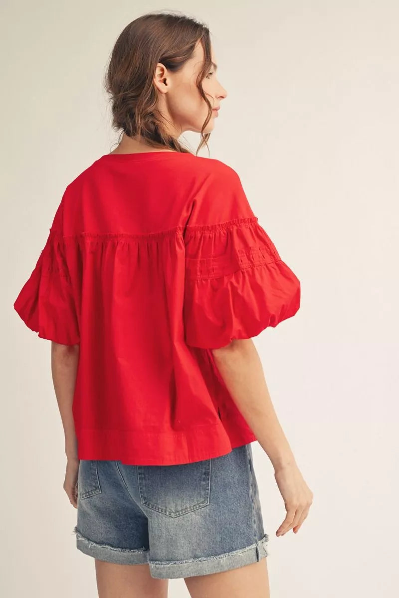 AMY SOLID RED SMOCKED SHORT SLEEVE TOP
