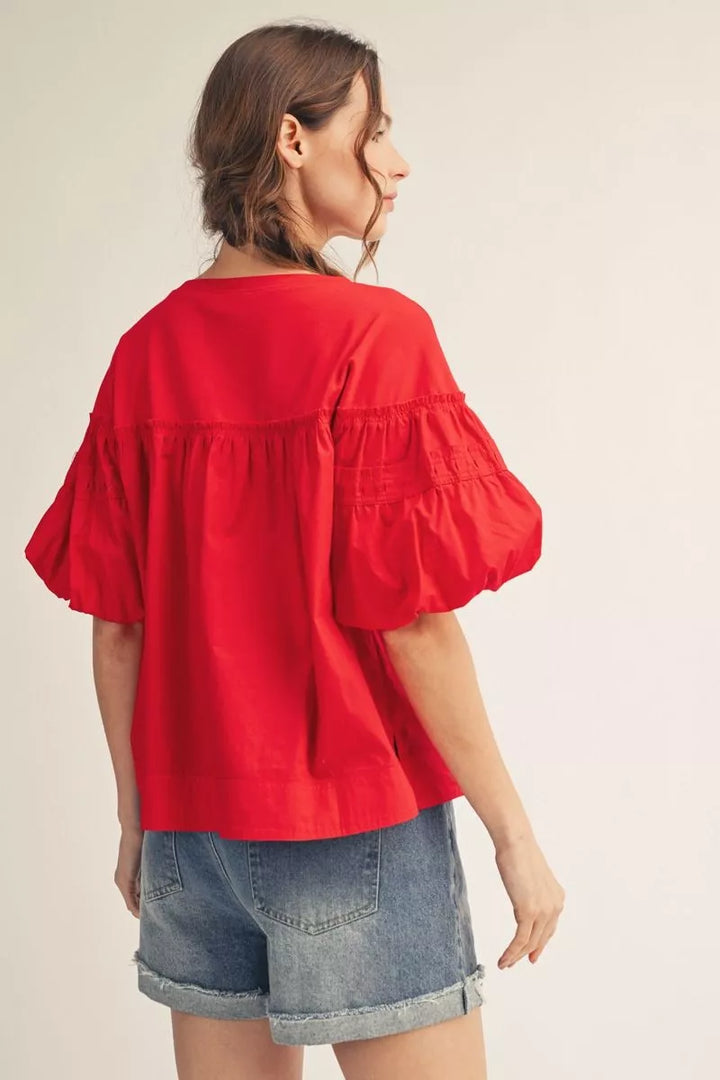 AMY SOLID RED SMOCKED SHORT SLEEVE TOP