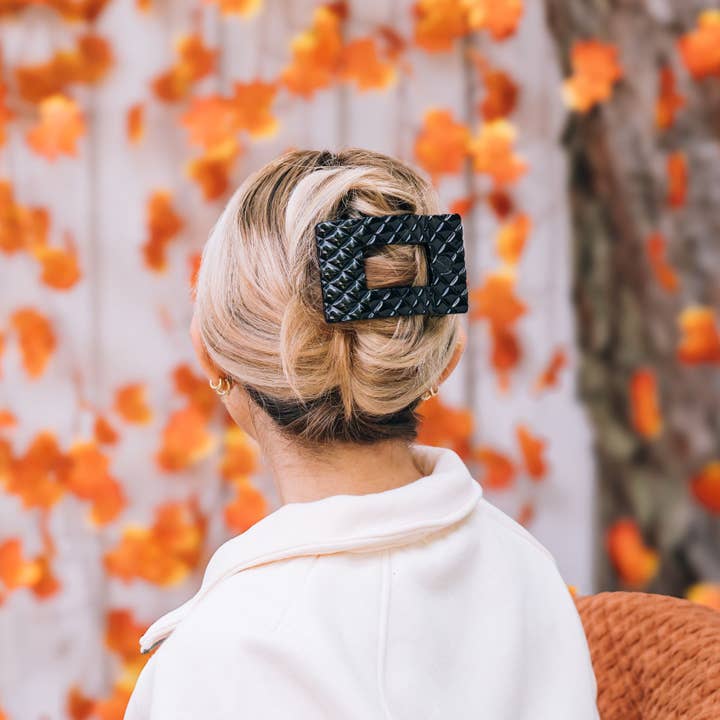 JET BLACK QUILTED LARGE RECTANGLE HAIR CLIP