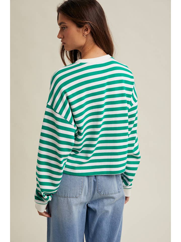 GREEN & WHITE FREE TIME CREW NECK TOP