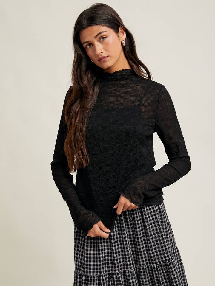 BLACK FLORAL LACE  MESH MOCK NECK TOP

