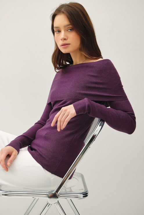 EGGPLANT OFF THE SHOULDER SWEATER
