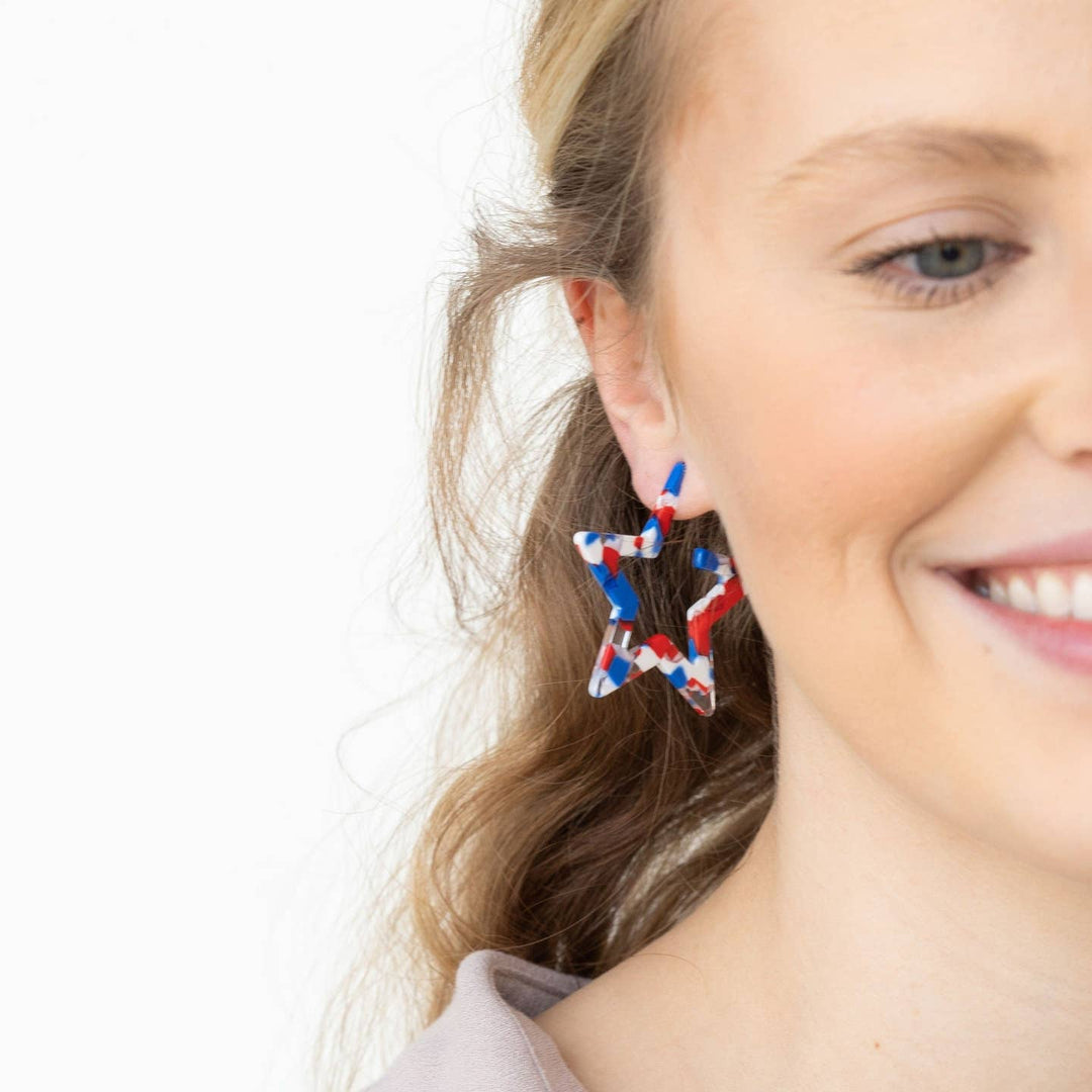 RED WHITE & BLUE STAR HOOP EARRINGS