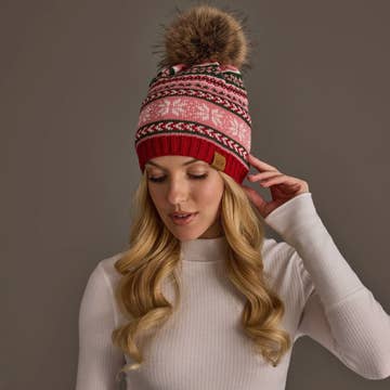 RED, PINK & GREEN FESTIVE PATTERN POM HAT