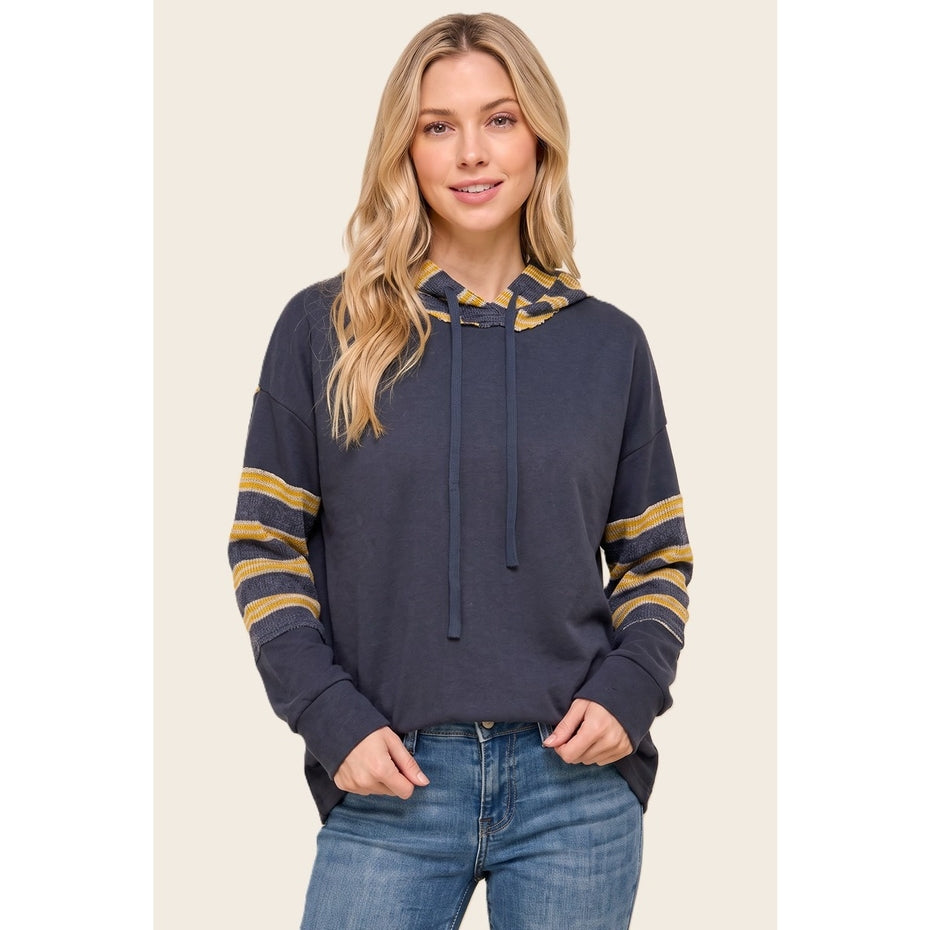NAVY & YELLOW COLORBLOCK STRIPE KNIT HOODIE

