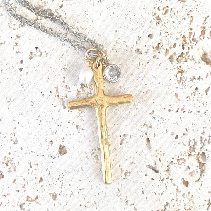TWO TONE CROSS WITH RUSTIC PEARL & CZ CHARM
