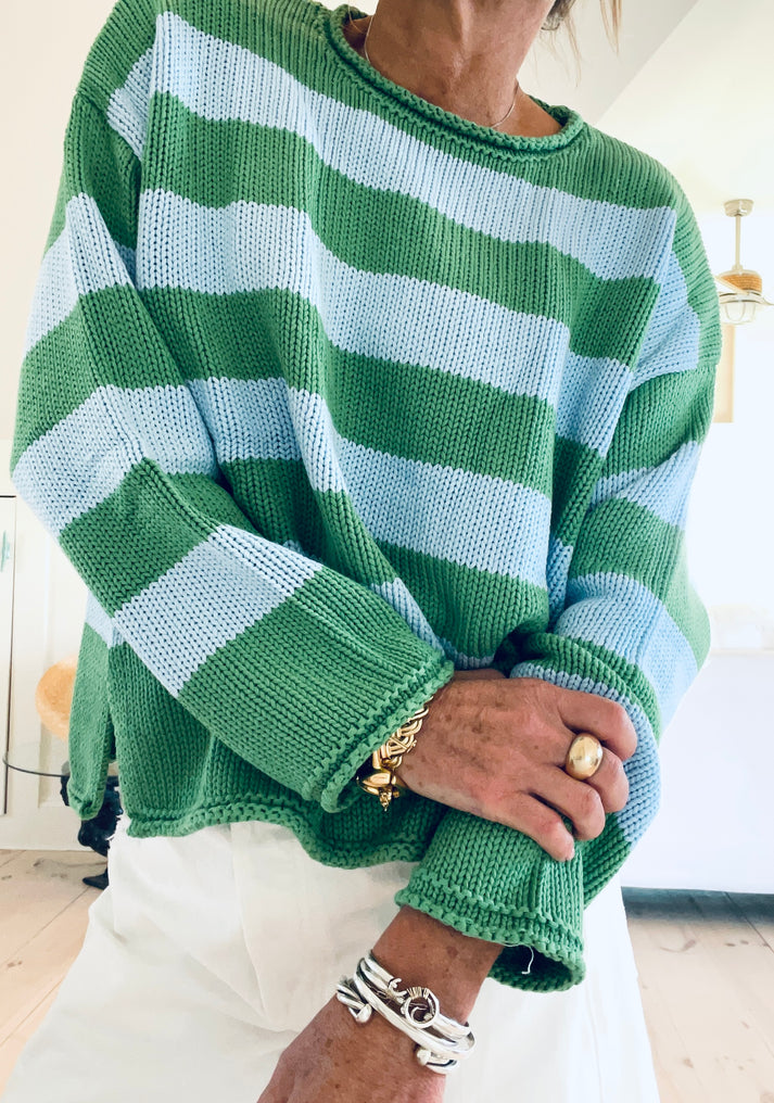 SKY & GREEN STRIPE ROLL NECK SWEATER