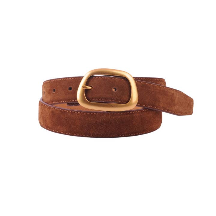 CARAMEL SUEDE BELT WITH ASYMMETRICAL BUCKLE
