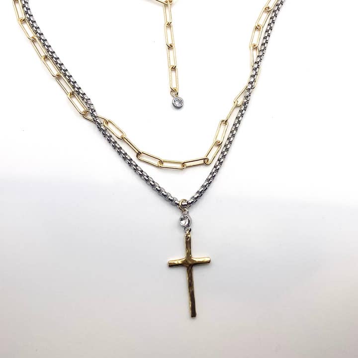 MIXED METAL CROSS LAYERED NECKLACE
