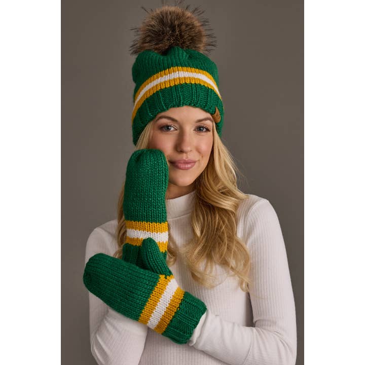GREEN, GOLD & WHITE STRIPE KNIT MITTENS