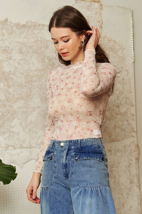 VINTAGE FLORAL EMBROIDERED MASH LONG SLEEVE LAYERING TOP
