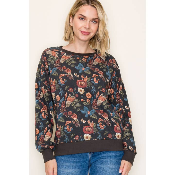 WOODLAND FLORAL PRINT CREW SWEATSHIRT
