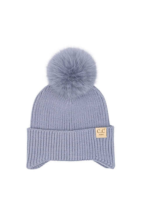 YOUTH ICE BLUE EAR FLAP POM HAT