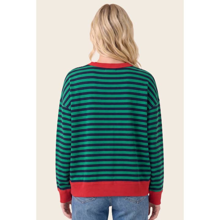 GREEN & RED COLOR POP STRIPE CREW SWEATSHIRT