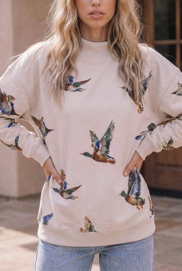 FLYING DUCKS GRAPHIC MOCK NECK SWEATSHIRT
