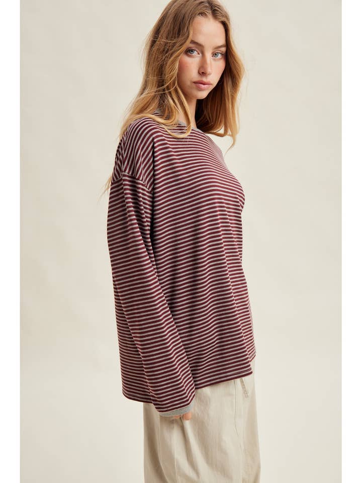 BURGUNDY & HEATHER GREY STRIPE EASY FIT KNIT TOP