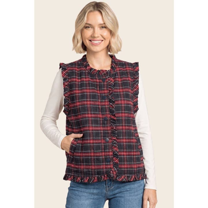 NAVY RUFFLE UP PLAID VEST