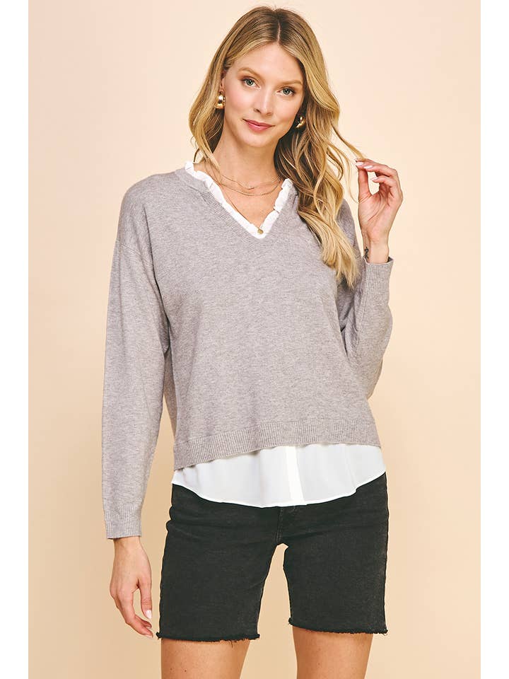 CARALYNN HEATHER GREY V-NECK COMBO SWEATER TOP