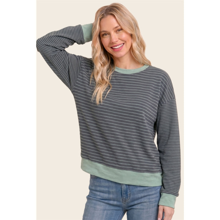 SAGE MICRO BRUSHED STRIPE CREW SWEATSHIRT