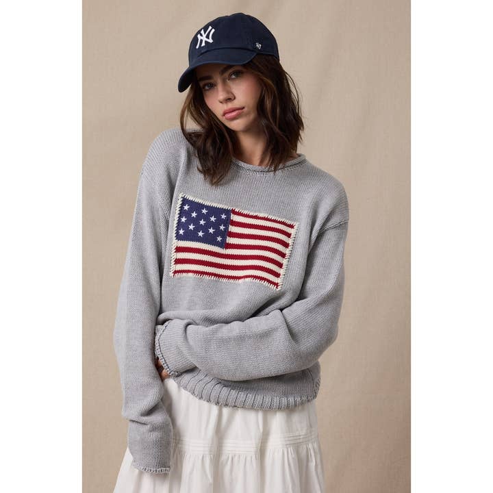 HEATHER GREY AMERICAN FLAG SWEATER
