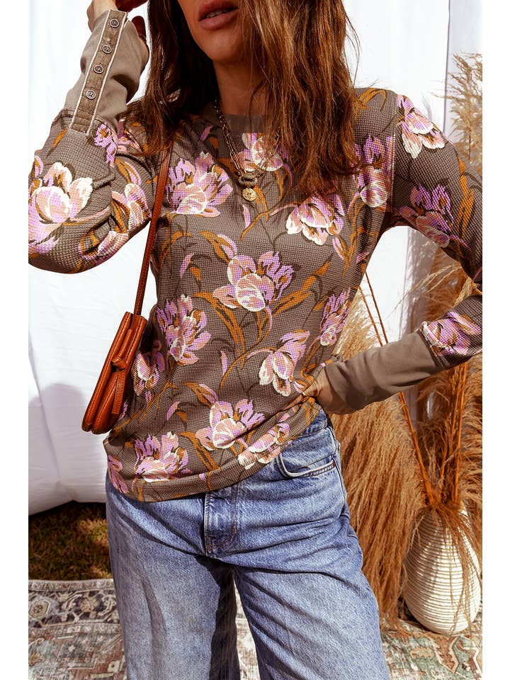 MOCHA FLORAL WAFFLE KNIT TOP