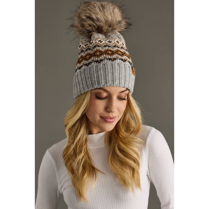 GREY, CAMEL & BLACK POM BEANIE HAT
