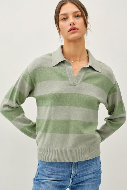 GREEN TEA STRIPE POLO KNIT SWEATER