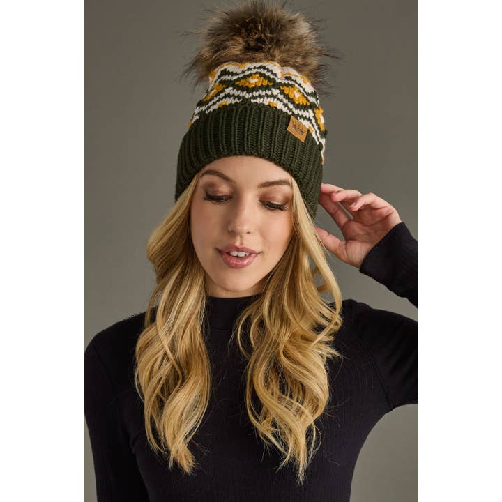 GREEN CREAM & GOLD POM BEANIE HAT
