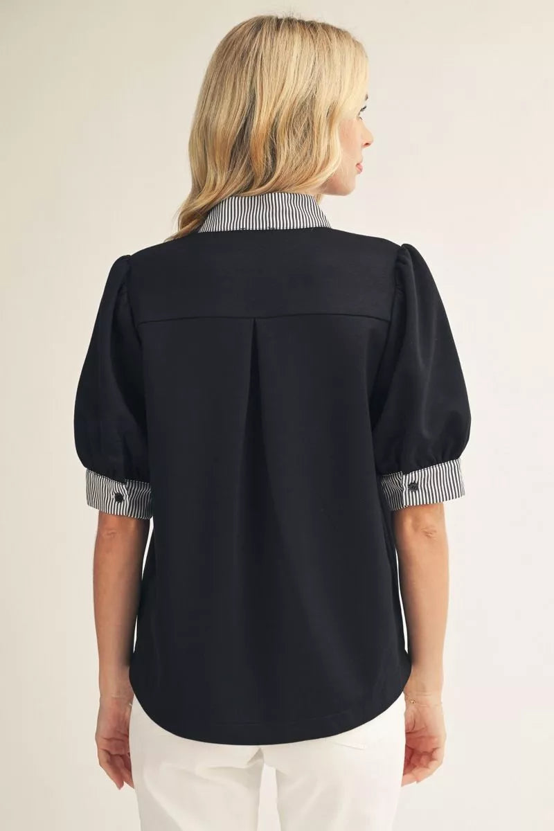 CHARLIE BLACK PUFF SLEEVE TOP WITH PINSTRIPE TRIM