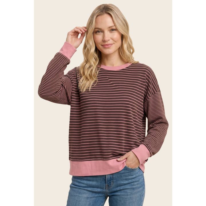 PINK MICRO BRUSHED STRIPE CREW SWEATSHIRT