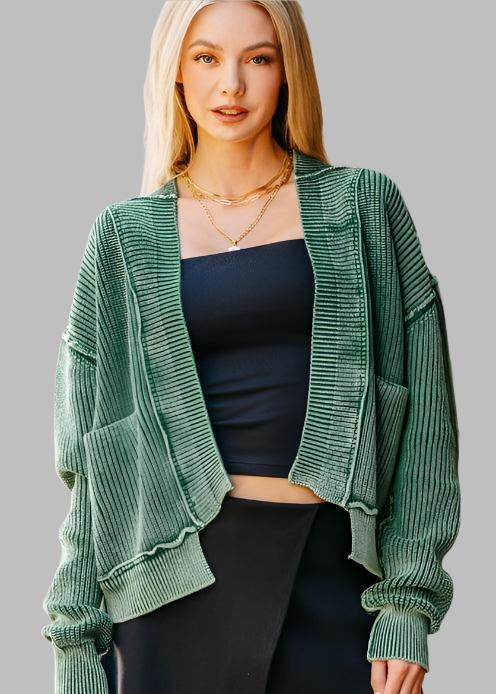 MARI HUNTER GREEN RIB KNIT OPEN CARDY SWEATER