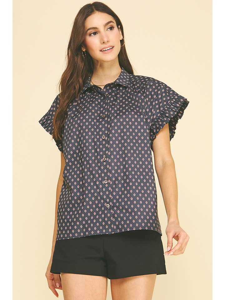 GEOMETRIC DIAMOND PRINT CAP SLEEVE SHIRT
