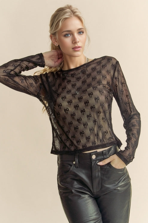 BLACK BOW EMBROIDERED MESH LAYERING TOP
