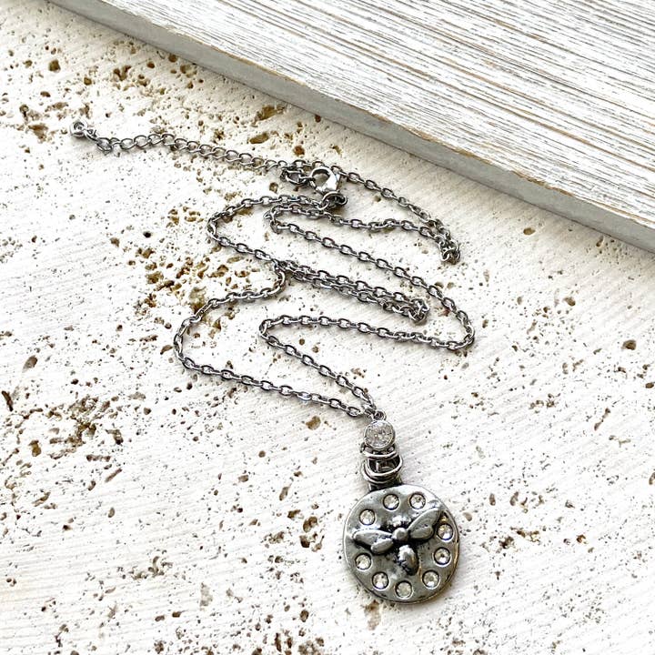 HAND CASTED SILVER BEE SWAROVSKI CRYSTAL NECKLACE
