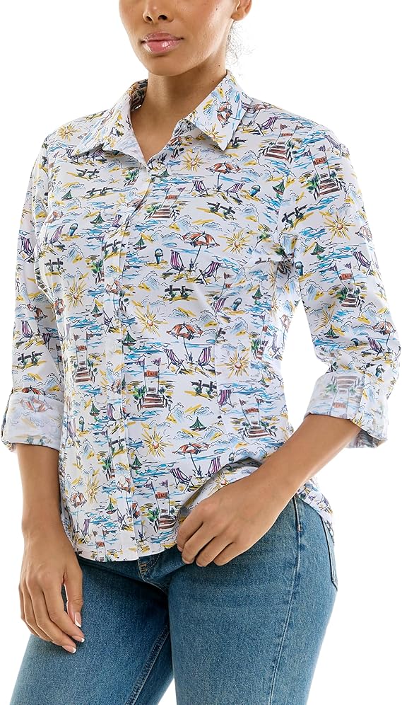 JODI BEACH SCENE STRETCH BUTTON UP SHIRT