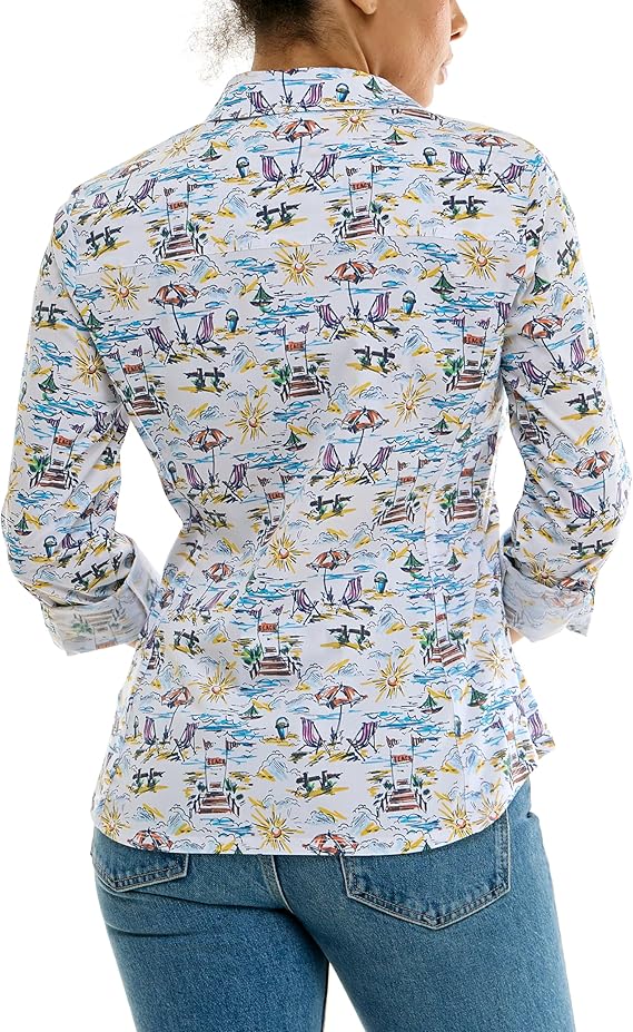 JODI BEACH SCENE STRETCH BUTTON UP SHIRT