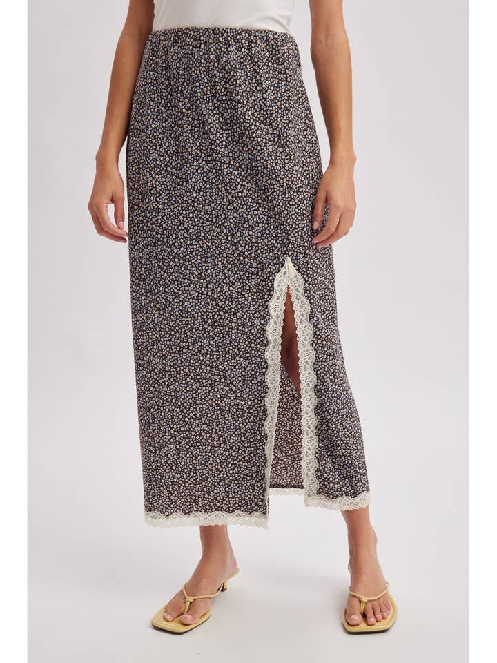 ESPRESSO BLUE LACE TRIM MIDI SKIRT
