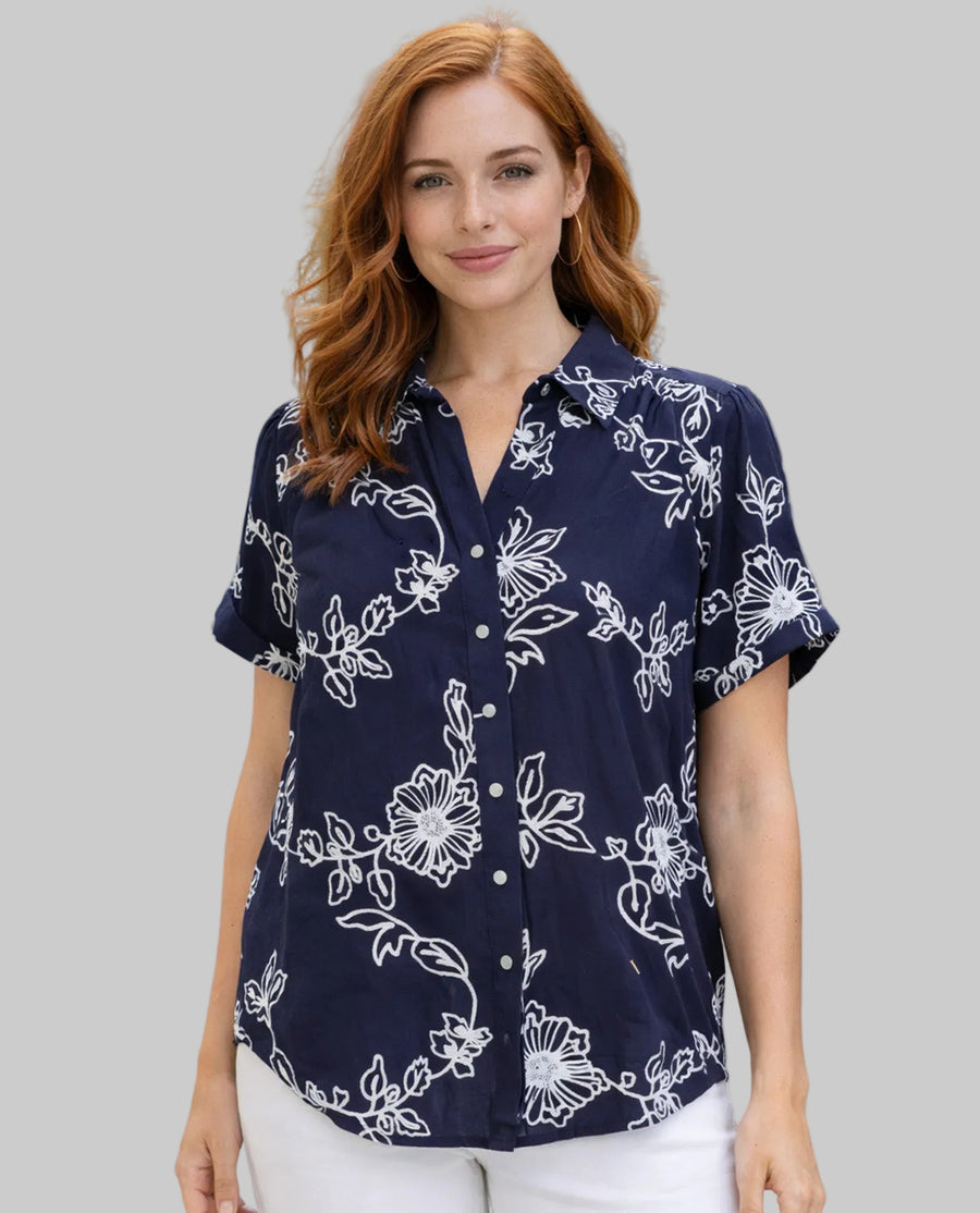 NAVY FLORAL EMBROIDERED SPLIT V-NECK SHIRT
