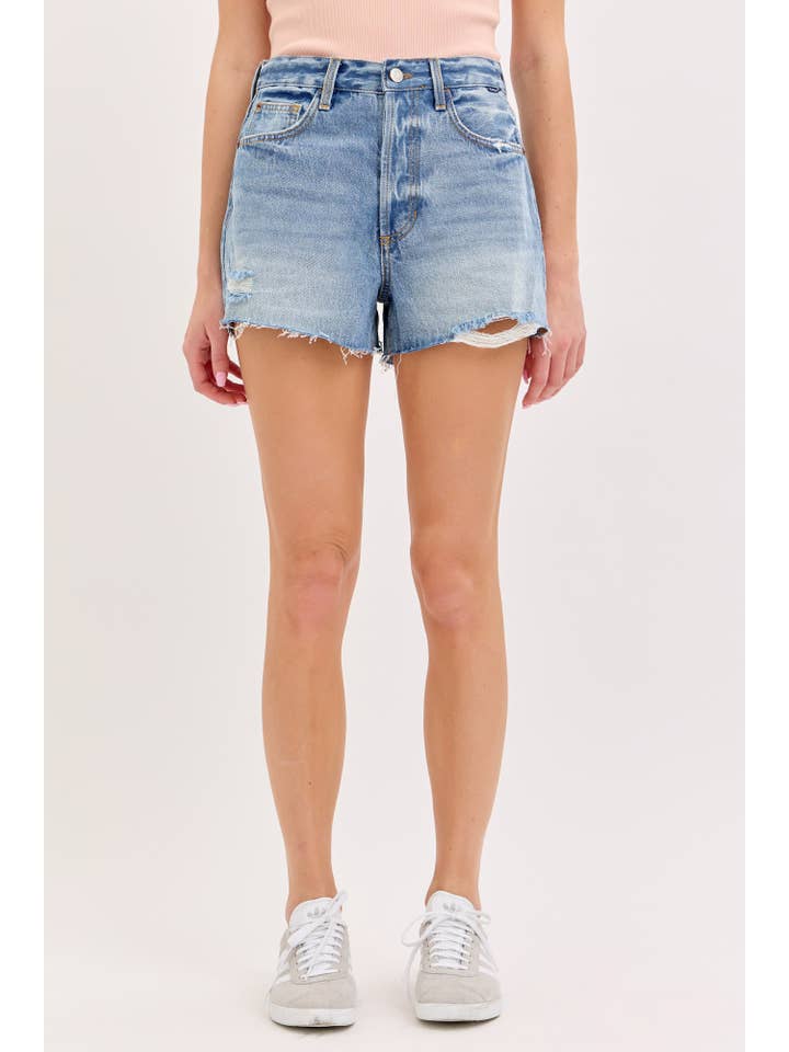 MANDY 5 POCKET DISTRESSED HEM DENIM SHORTS
