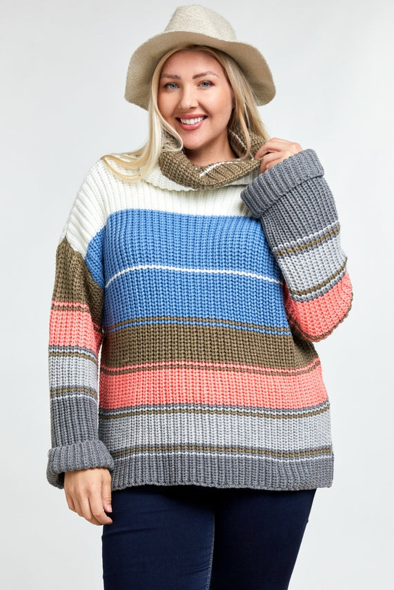 PLUS COLORBLOCK STRIPE COWL NECK SWEATER
