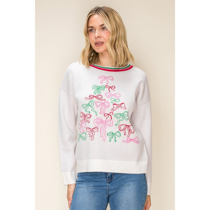 IVORY CHRISTMAS BOWS JACQUARD SWEATER