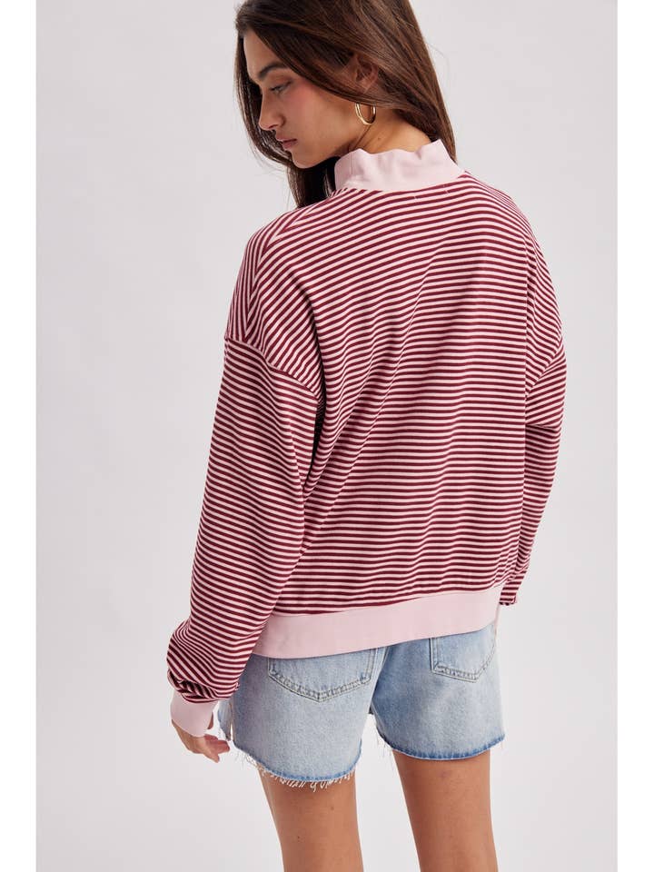 BURGUNDY & PINK STRIPE MOCK NECK SWEATSHIRT