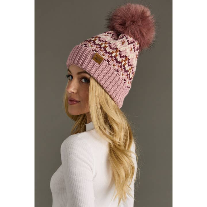 PINK, WHITE & WINE PATTERN POM HAT
