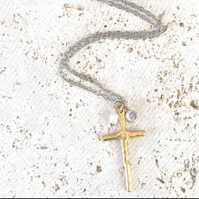 TWO TONE CROSS WITH RUSTIC PEARL & CZ CHARM