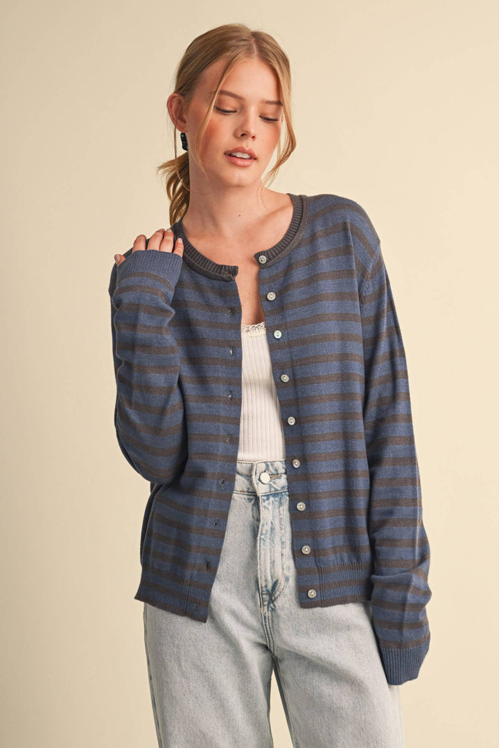 DENIM CAMPUS STRIPE CARDIGAN