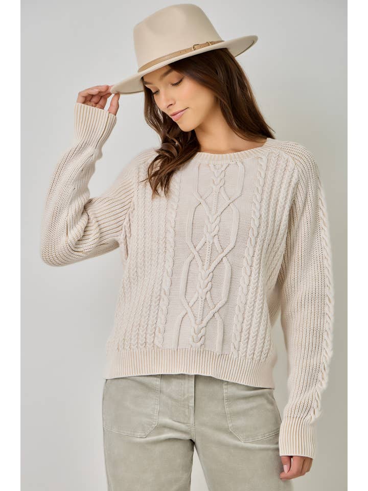 REGAN WASHED ALMOND CABLE SWEATER
