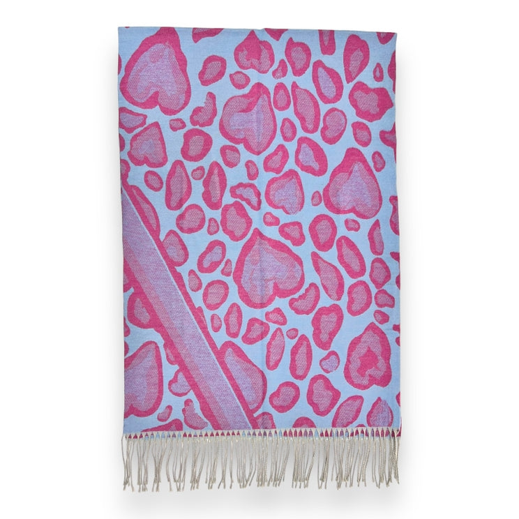 LIGHT BLUE & FUCHSIA LEOPARD HEART REVERSIBLE PRINT SCARF